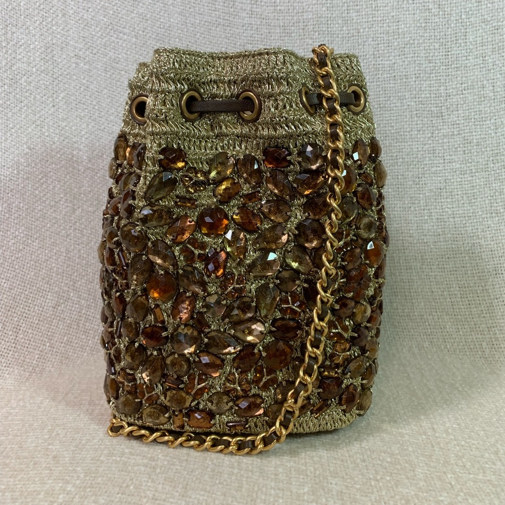 NEW Tory Burch Soft Fleming Gold Crochet Jewel Mini Bucket Tote/Crossbody Bag - Picture 5 of 16